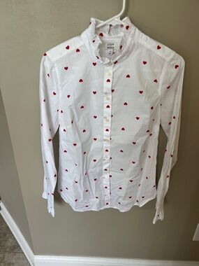 J. Crew White Button-Up Shirt with Red Heart Print